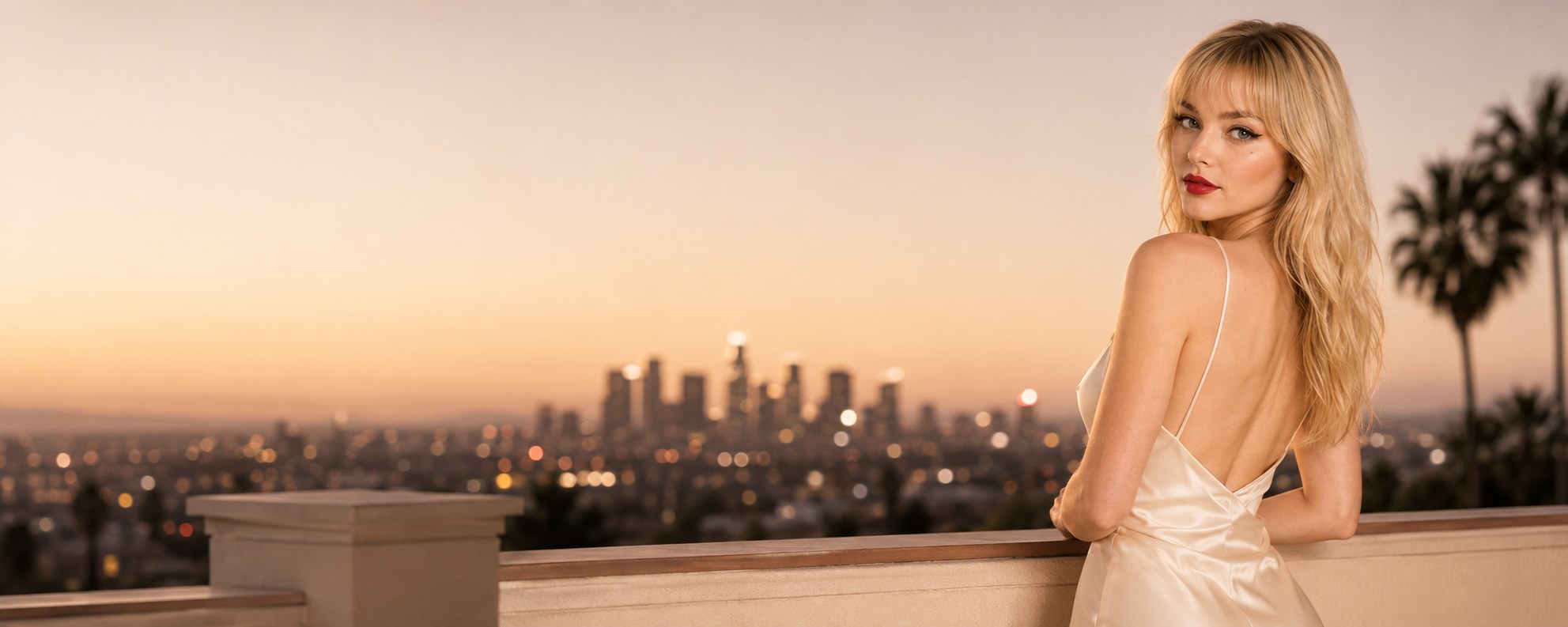 Saint Elyse looking over her shoulder above the Los Angeles skyline at dusk